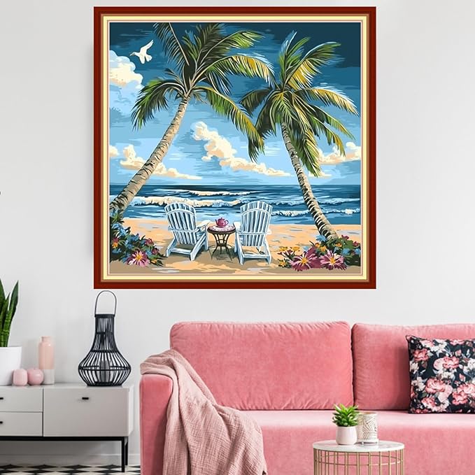 Redxing Stamped Cross Stitch Kits Embroidery kit for Beginners Adults Full Range of Embroidery Patterns Starter Kits DIY Printed Cross Stitch Kits Needlepoint Kits 11CT-Drink Tea Seaside 18x18 inchs