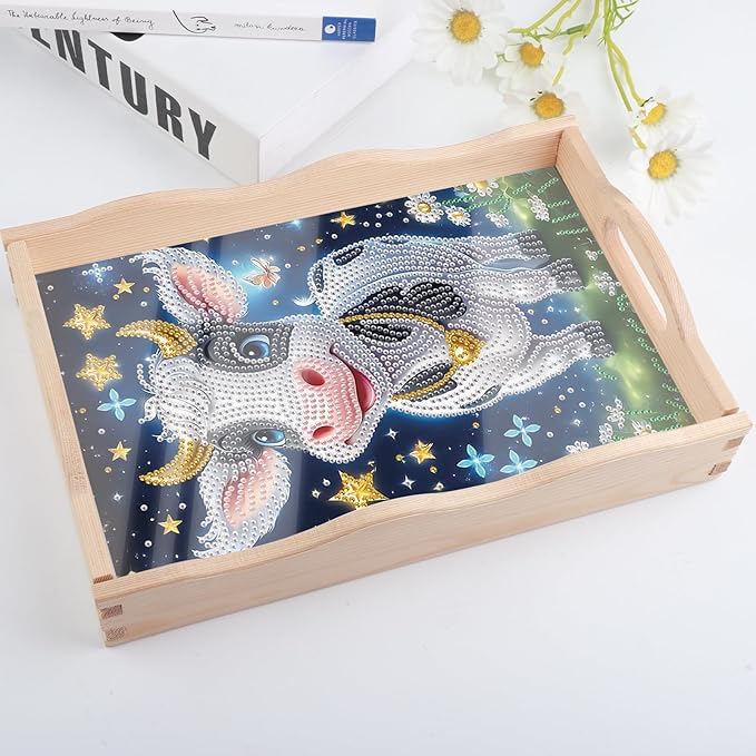 DIY Diamond Art Tray with Handle Diamond Art Painting Plate Creative Design Handmade Wooden Tray Mosaic Making Kits by Number Kits Diamond Art for Coffee Living Room Home Organizer (Milk Cow)