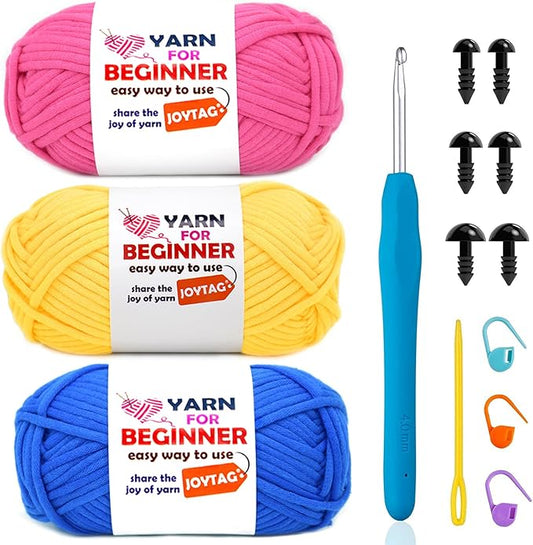 3 Pack Beginner Crochet Kit - Cotton-Nylon Blend Yarn for Crocheting & Knitting - Easy-to-See Stitches - 3x50g - Blue, Yellow, Hot Pink