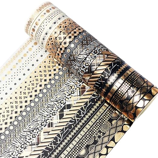 YUBBAEX 20 Rolls Washi Tape Set Black Gold Foil Print Decorative Tapes for Arts, DIY Crafts, Bullet Journals, Planners, Scrapbook, Wrapping (Skinny Black Gold x 20 Rolls)