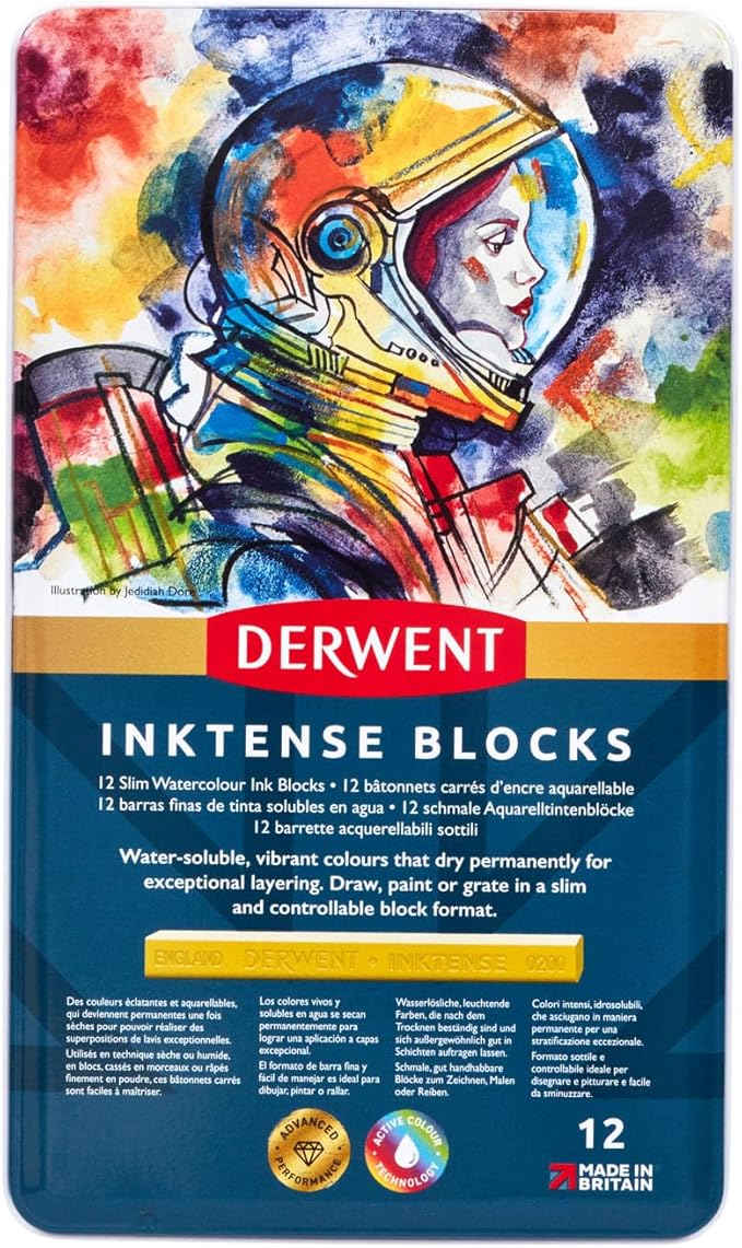 Derwent Inktense Blocks 12 Tin, Set of 12, 8mm Block, Soft Texture, Watersoluble, Ideal for Watercolor, Drawing, Coloring, Crafts and Painting on Paper and Fabric, Professional Quality (2300442)