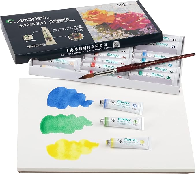 Marie's Artist Gouache Paint Sets - Highly Pigmented Gouache for Painting, Artists, Illustrators & Designers - Set of 24 Assorted Color Tubes (12mL/0.4oz)