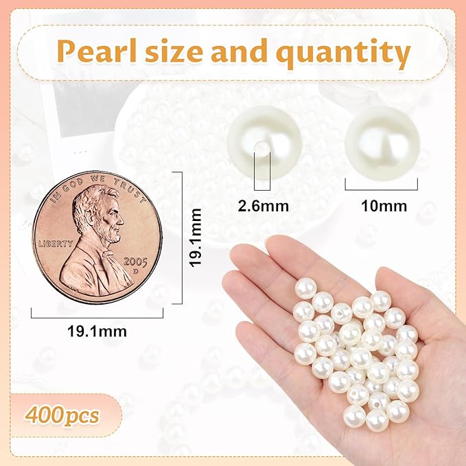 400Pcs 10mm Pearl Beads with Hole, Loose Cute Large White Pearl Bead for Crafting, Tiny Round Acrylic Pearls Beads for Jewelry Making Kit, Necklace, Earring, Bracelet, DIY Craft, Vase Filler