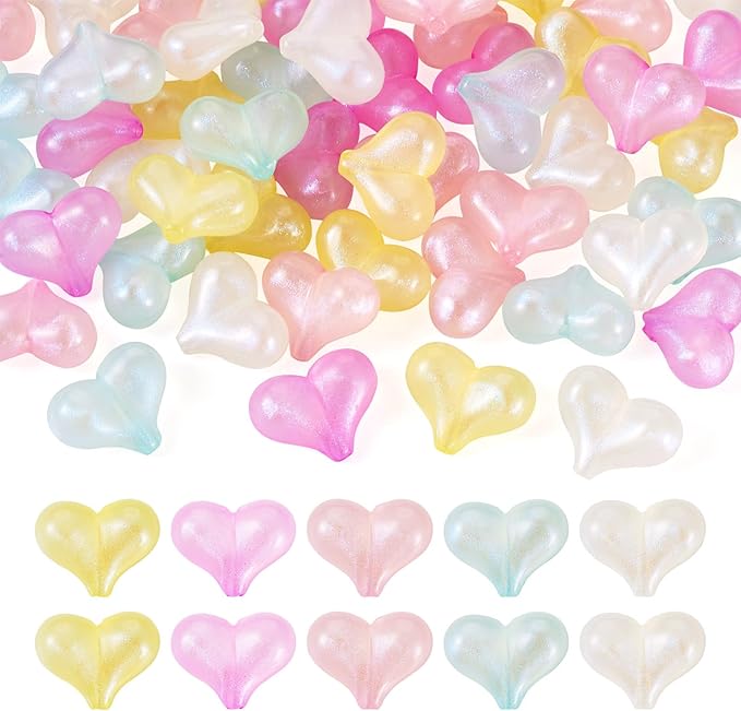 FASHEWELRY 50Pcs Rainbow Acrylic Heart Beads Glitter Heart Pastel Bead Candy Color Conversation Pony Beading Bulk for Valentine Day Jewelry Making Bracelet Keychains