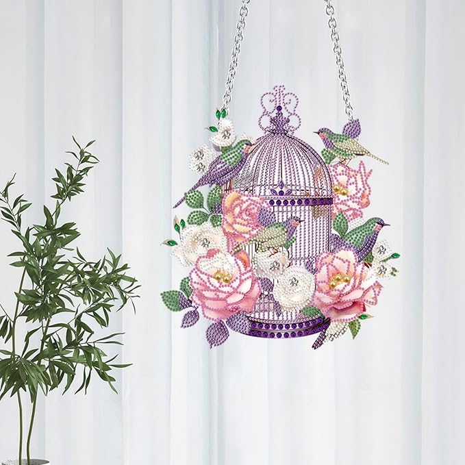 Flower Birdcage Design DIY Diamond Art Painting Wreath Kits Special Shaped Rhinestone Diamond Art Window Pendants Home Garden Wall Hanging Kits (Single Side Point Drill) (#11-Cat) (#06-Bird)