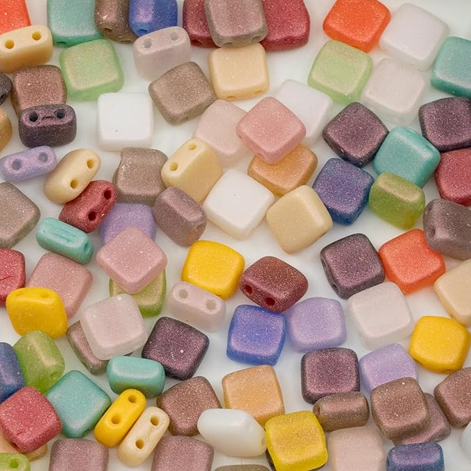 0.88oz (25g) Mix of 2-Hole Square Tile Czech Glass Beads 6mm - Pale Summer Mix with Orange