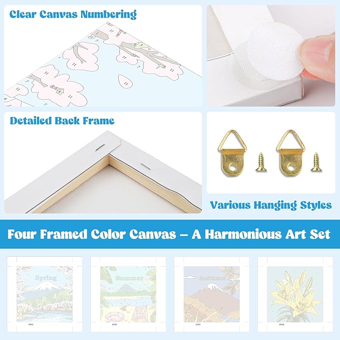 Lxmsja 4 Pack Nature’s Seasonal Grace Paint by Numbers Kit for Adults, Easy Framed Paint by Numbers for Adults Beginner, DIY Acrylic Oil Painting Craft Kits for Home Wall Decor 8x8 inch