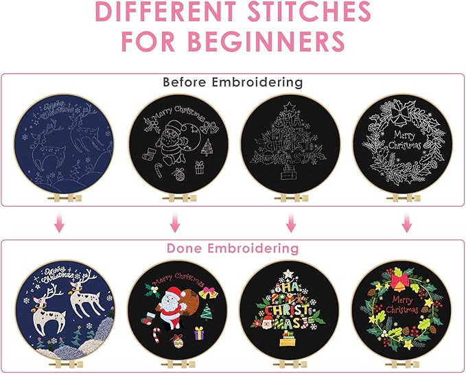 TINDTOP Christmas Embroidery Kit for Adult, 4 Pack Embroidery DIY Starter Kit, with Stamped Patterns, Hoop, Tools, Colorful Threads with Needles, Instructions