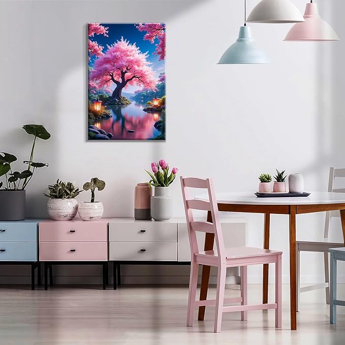 JOOZ Paint by Numbers Kit for Adults with Easel Cherry Blossom Tree Paint by Number with Frame Lake Scenery Adult Paint by Number Kits Oil Painting by Numbers for Gift Home Wall Decor 8x12 Inch