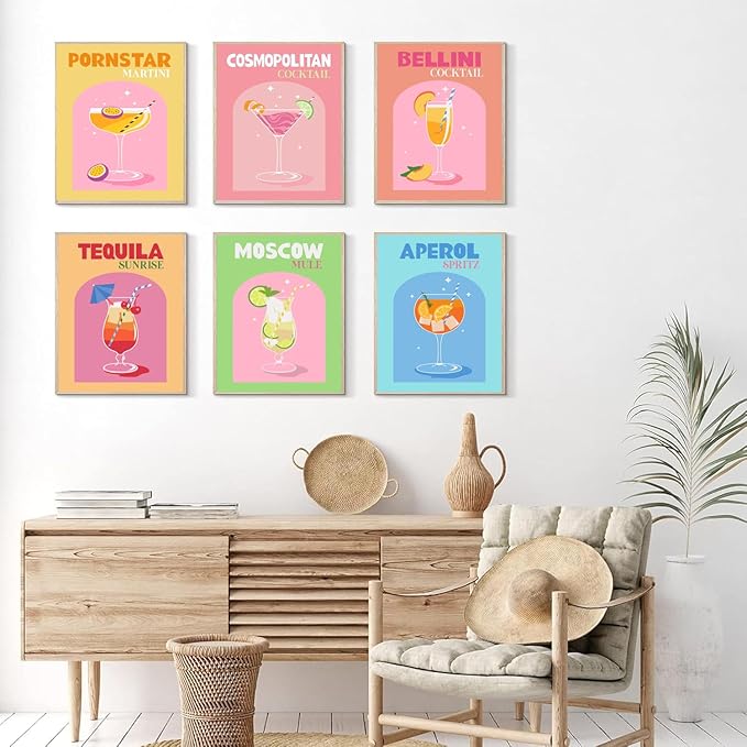 6 Pack Framed Cocktail Paint by Numbers Kit for Adults Beginner, DIY Acrylic Paint by Number Kits On Canvas, oil watercolor Painting kit , Arts and Crafts for Bar Party Room Wall Decor 8x12 inch
