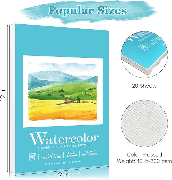 2Pack Watercolor Sketchbook, Watercolor Paper Pad 9" x12” 140lb/300gsm, Water Color Pad Journal and Sketchbook for Adults & Kids, Markers and Art Journaling