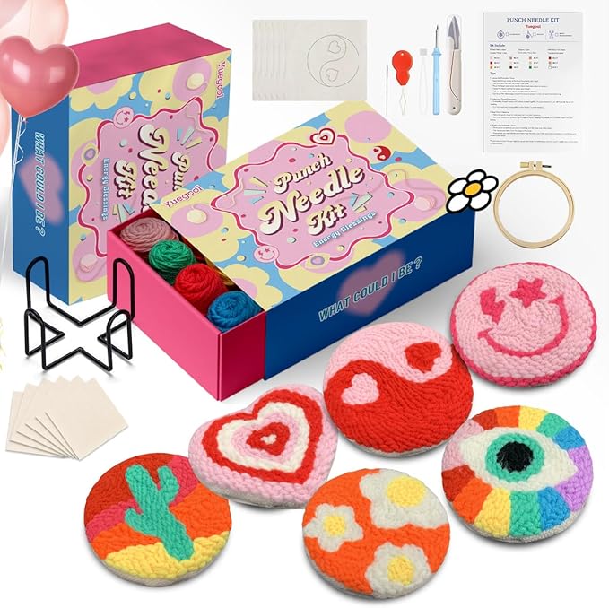yuegool 6PCS Energy Punch Needle Coasters Kit - DIY Embroidery Set for Adult Beginners, Art Craft Supplies with Patterns, Functional Tools, Yarn, Hoop, and Coaster Holder