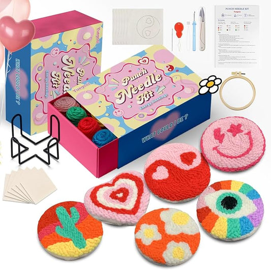 yuegool 6PCS Energy Punch Needle Coasters Kit - DIY Embroidery Set for Adult Beginners, Art Craft Supplies with Patterns, Functional Tools, Yarn, Hoop, and Coaster Holder