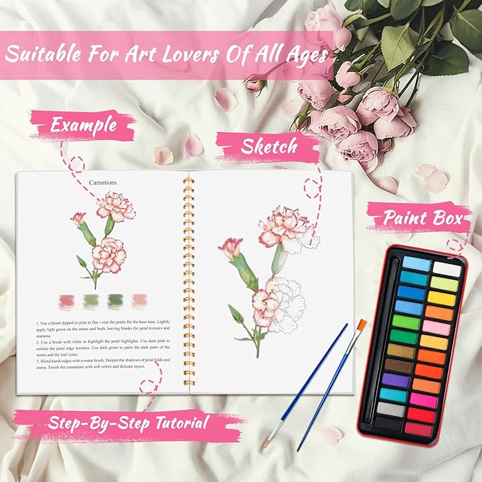Watercolor Workbook - Coloring Book Beginner Friendly Painting Kit, Watercolor Workbooks for Adults, Exploration Gift for Adults Teens (Flowers-Animals, 24 Color Palette)