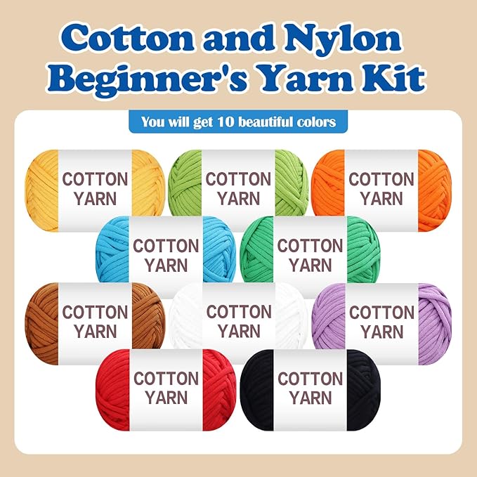 SIMEIQI 10×50g Beginners Yarn Kit for Crocheting and Knitting,Cotton Nylon Blend Yarn for Hand DIY Bag Basket Dolls and Cushion D