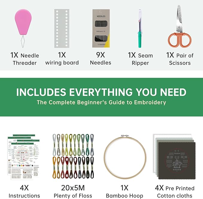 CYANFOUR Embroidery Kit for Beginners, 4 Stages to Learn 38 Stitches, with Step-by-Step Instructions and Clear Videos, Includes Multiple Accessories, Gift for Craft Lovers.