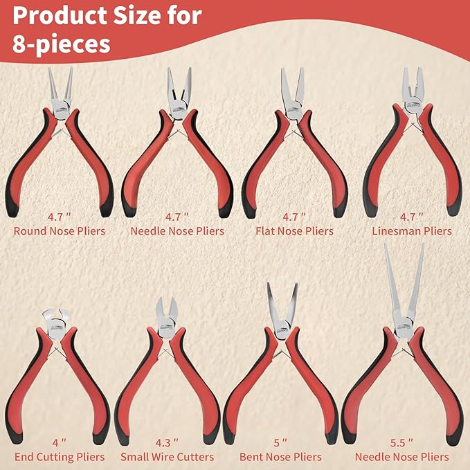 houseran 8 packs jewelry pliers set, jewelry making tools with needle nose pliers, wire cutters, round nose pliers, bent nose plier