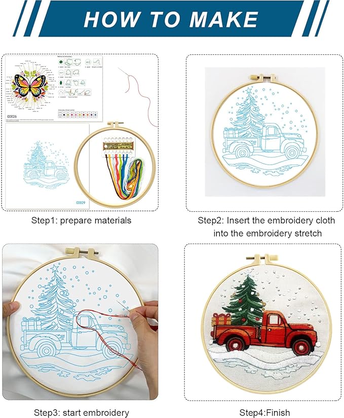 Zhenqing Christmas Tree & Red Truck Embroidery Kit - 29x29cm Printed Fabric, Hoop & Tools for Beginners (C0029)