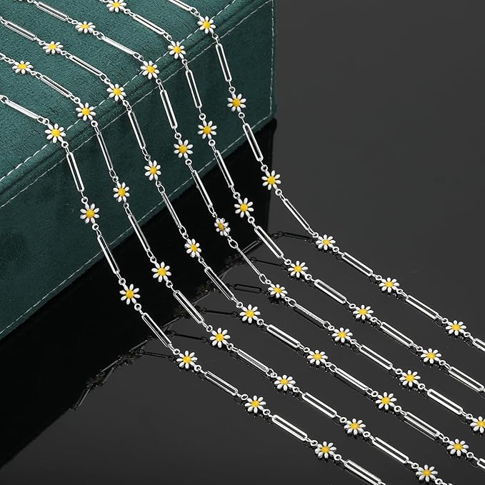 YOUBEIYEE 16.4 Feet Silver Plated Brass Chain for Jewelry Making Silver Paperclip Chain Enamel Daisy Flower Chains Bulk with Jump Rings Lobster Clasps