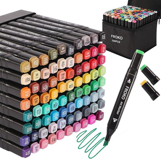 FROKO Alcohol Markers, 100 Colors Dual Tip Art Marker,Coloring Marker, markers for adult coloring books no bleeding