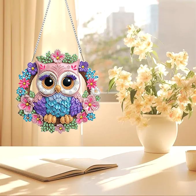 AIRDEA Hanging Diamond Painting Kits Owl,Special Shaped Diamond Art Kits for Beginner Bird and Wreath Gem Art Pendant Decor,7.87x7.87in