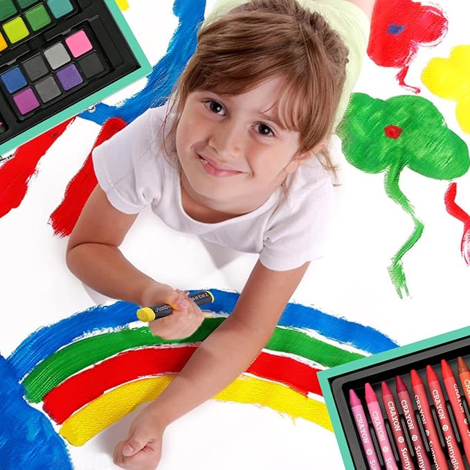 Sunnyglade 145 Piece Deluxe Art Set, Wooden Art Box & Drawing Kit with Crayons, Oil Pastels, Colored Pencils, Watercolor Cakes, Sketch Pencils, Paint Brush, Sharpener, Eraser, Color Chart (Green)