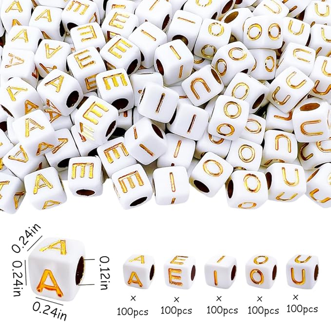 MIIIM 500pcs Vowel Pony Letter Beads for Keychains Making (A, E, I, O, U), 6x6mm Large Hole Square Letter Beads for Bracelets Making, Alphabets, Numbers (White and Golden)