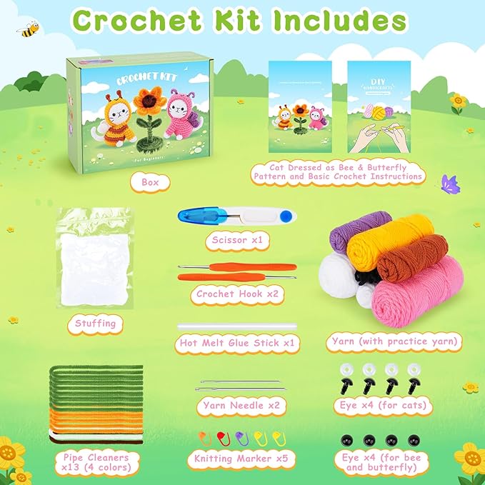 Cats Crochet Kit for Beginners, 2PCS Cats Dressed as Bee and Butterfly Crochet Kits with Step-by-Step Video Tutorials, Beginner Crochet Kits for Adults, Cat Crocheting Kit Gifts for Birthday