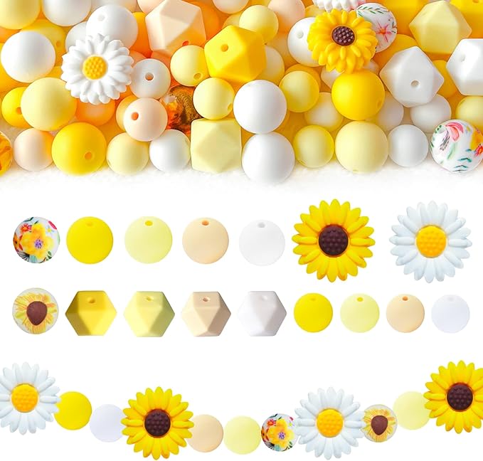 104Pcs Daisy Silicone Beads for Keychain Making Silicone Focal Beads Bulk Yellow White Round Hexagon Loose Beads for Pens Necklace Bracelets Jewelry Making