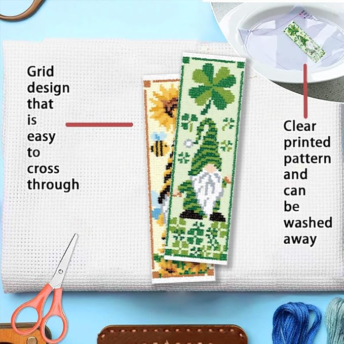 FREEBLOSS 6 Set Cross Stitch Bookmark Kit St. Patrick Gnome Pattern Stamped Cross Stitch Kit 11CT Christmas Embroidery Kits with Instructions for Beginners Adult 20x6cm/8x2.4inch