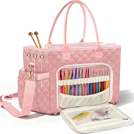 VERONLY Crochet Bag Yarn Storage, Large Knitting Tote with Padded Crochet Hook Organizer, Tote with Multiple Compartments for Crochet Lovers, Knitting Accessories, Unique Valentines Gifts for Her
