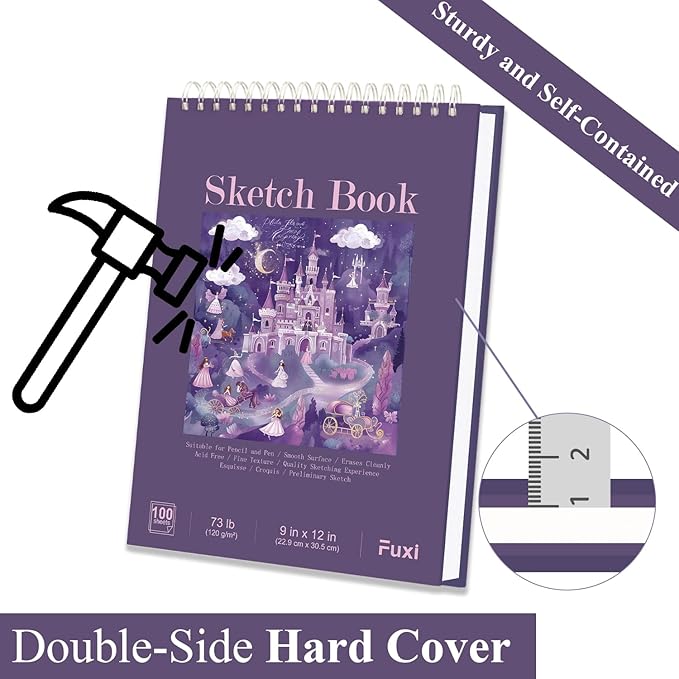 purple sketch book for women - 9"x12" girls sketch book, 100 sheets (73lb/120gsm) drawing paper for kids, art supplies for girls ages 8-12, beginners, and adults, 1-pack