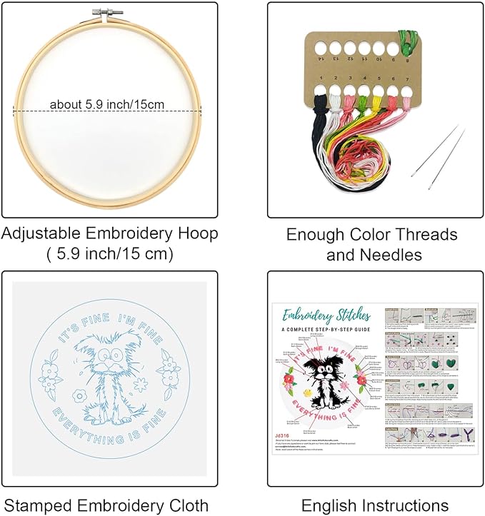 Louise Maelys Funny Dog Embroidery Kits for Beginners,Cross Stitch Kit for Adults,DIY Needlepoint with Cute Animal Pattern -It's Fine I'm Fine Everything is Fine