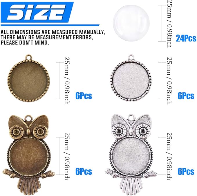 Glarks 48-Pieces Mixed Antique Bronze Silver Owl & Tree Bezel Pendant Tray with Glass Cabochons Charm Cameo Tray for Bracelet Necklace Crafting DIY Jewelry Gift Making
