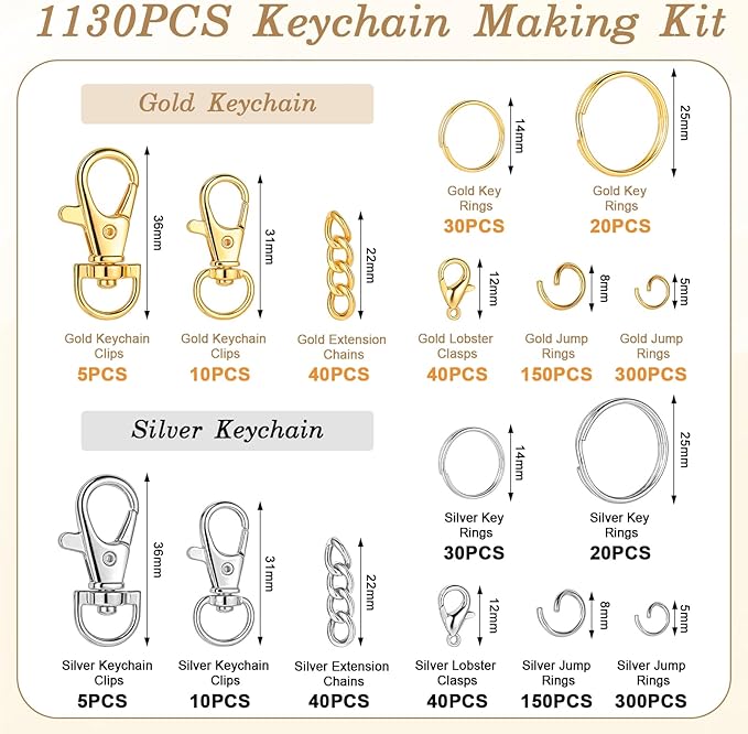 BESARME 1130PCS Keychain Making Kit Jump Rings for Jewelry DIY Key chain Supplies with Keyrings Bulk, Metal Lobster Claw Clasp, Swivel Snap Hook, Extender Chain for Crafts Accessories（Gold and Silver）