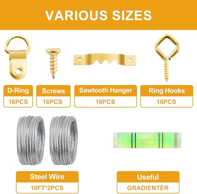 KURUI 303Pcs Picture Hanging Kit, Picture Hangers Assorted Kit with Heavy Duty Picture Hanging Hooks/Hardware Nails/Sawtooth/Wire/D Rings/Level, Metal Picture Wall Hooks for Frame Canvas Mounting