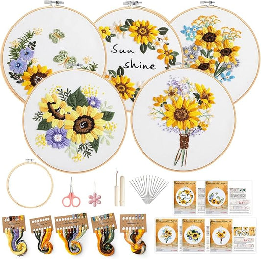 5 pack embroidery kit for beginners adults diy starter kit,sunflower gifts for women cross stitch kits with flower stamped patterns, embroidery hoop, tools,colorful threads,hand craft lover gift