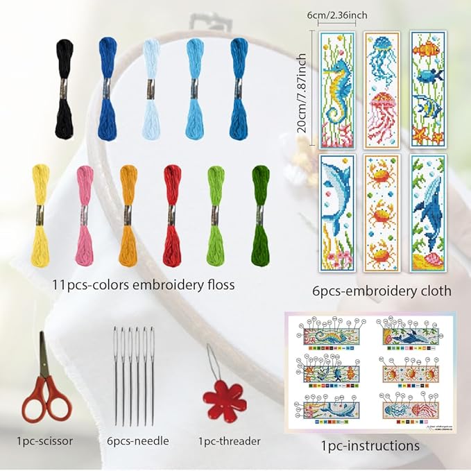 ORIGACH 6 Set Marine Animals Cross Stitch Bookmark Kit for Beginner with Backing Felt Floss Instructions DIY Stamped Embroidery Bookmark Kit for Adults, Book Lovers