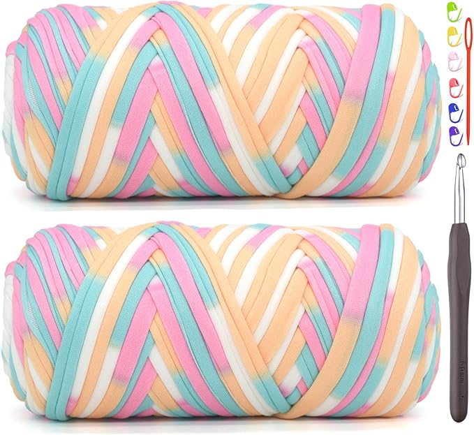2 Pack Tshirt Yarn for Crocheting,Rainbow T Shirt Chunky Elastic Fabric Thick T-Shirt Crochet Yarn for Beginners Crocheting Hand Knitting Bag/Basket/Coasters/DIY Crafts/Home Decor 2 * 200G-Candy