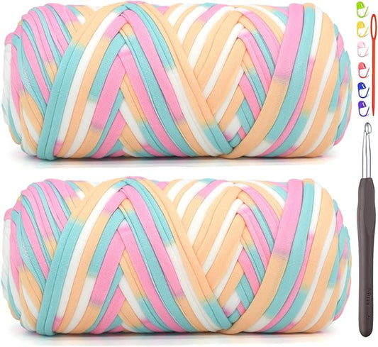 2 Pack Tshirt Yarn for Crocheting,Rainbow T Shirt Chunky Elastic Fabric Thick T-Shirt Crochet Yarn for Beginners Crocheting Hand Knitting Bag/Basket/Coasters/DIY Crafts/Home Decor 2 * 200G-Candy