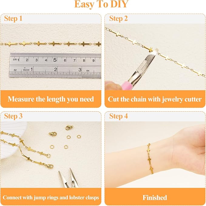 YOUBEIYEE 13 Feet Gold Plated Cross Chain for Jewelry Making Stainless Steel Bar Link Chains Bulk on Spool with Jump Rings Lobster Clasps
