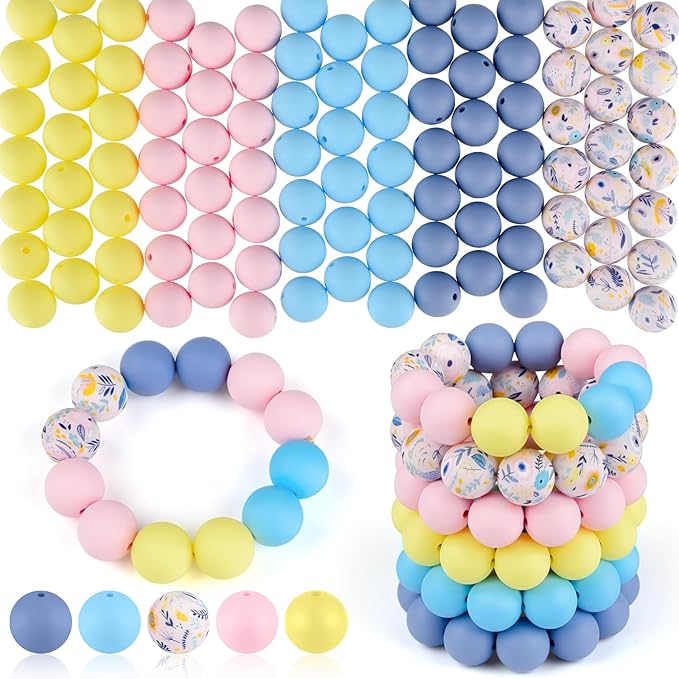 ASTARON 100 Pcs 15mm Silicone Beads for Keychain Making, Illustration Style Yellow Blue Round Beads Bulk for Bracelets Crafts Beadable Pens Decorations Jewelry Making Supplies
