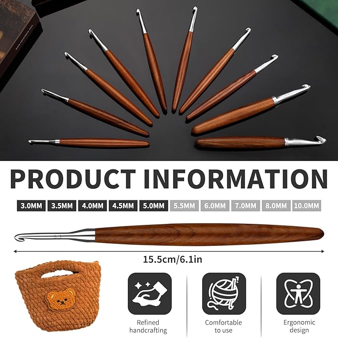 Lunarm 5pcs Crochet Hooks Set, Ergonomic Aluminum Crochet Hook with Wood Handle in Size 3mm 3.5mm 4mm 4.5mm 5mm for Arthritic Hands DIY Craft Knitting Bouquets, Blankets, Gloves from Various Yarns