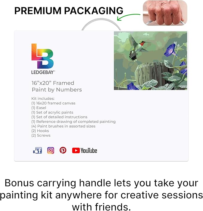 Ledgebay DIY Paint by Numbers Kit for Adults Framed Canvas Beginner to Advanced Paint by Numbers Kit, Kits Include Acrylic Paint Set, Brushes & Tabletop Easel (Hummingbird 16" x 20" Framed)