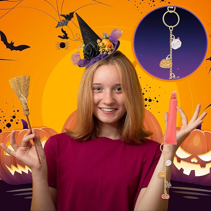 VioraWhite 213 Pcs Halloween Theme Lip Gloss Keychain Making Kit 100 Pink Enamel Charms 32.81 ft Gold Chains for DIY Crafts Women