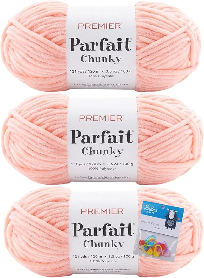 Premier Yarns Parfait Chunky Chenille Yarn 3.5 Oz 6 Super Bulky Weight 3 Pack Bundle with Bella's Stitch Place Holders (Peach)