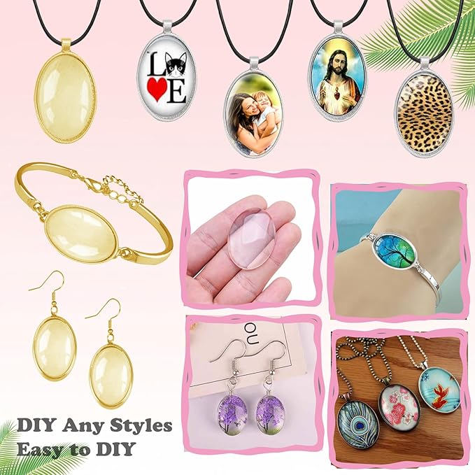 Pendant Trays Set for DIY Jewelry Making Supplies, Oval Glass Cabochon Pendant Bezel Trays, Bracelet Blank Trays Earrings Blanks Charms Crafts for Gift