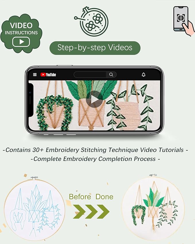 Santune 3 Sets Embroidery Kit for Beginners Needlepoint Cross Stitch Kits for Adults,Stitch Learning DIY Sets with Instruction Video,Stamped Floral Patterns,Hoop,Threads,Sewing Hobby