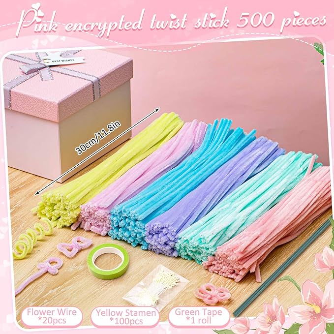 Peryiter 371 Pipe Cleaners Flowers Set, Mixed Colors Chenille Stems Bulk with Floral Wires, Gardening Tape, Stamen for DIY Flower Making Kit, Gift Idea for Mother's Day(Macaron Color)