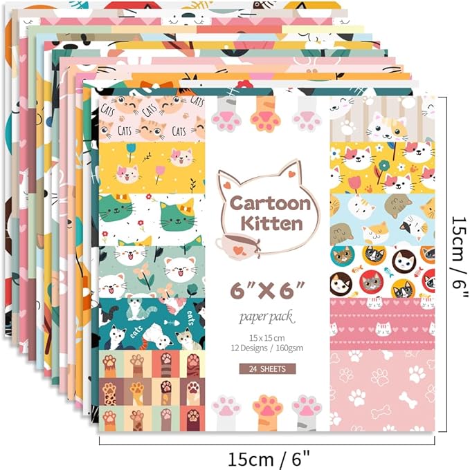 6x6” 160gsm cardstock Single Sided Scrapbooking 24 Papers Pad vintage decoupage scrapbook kit patterned paper junk journal supplies journaling supply scrap paper crafting Cat